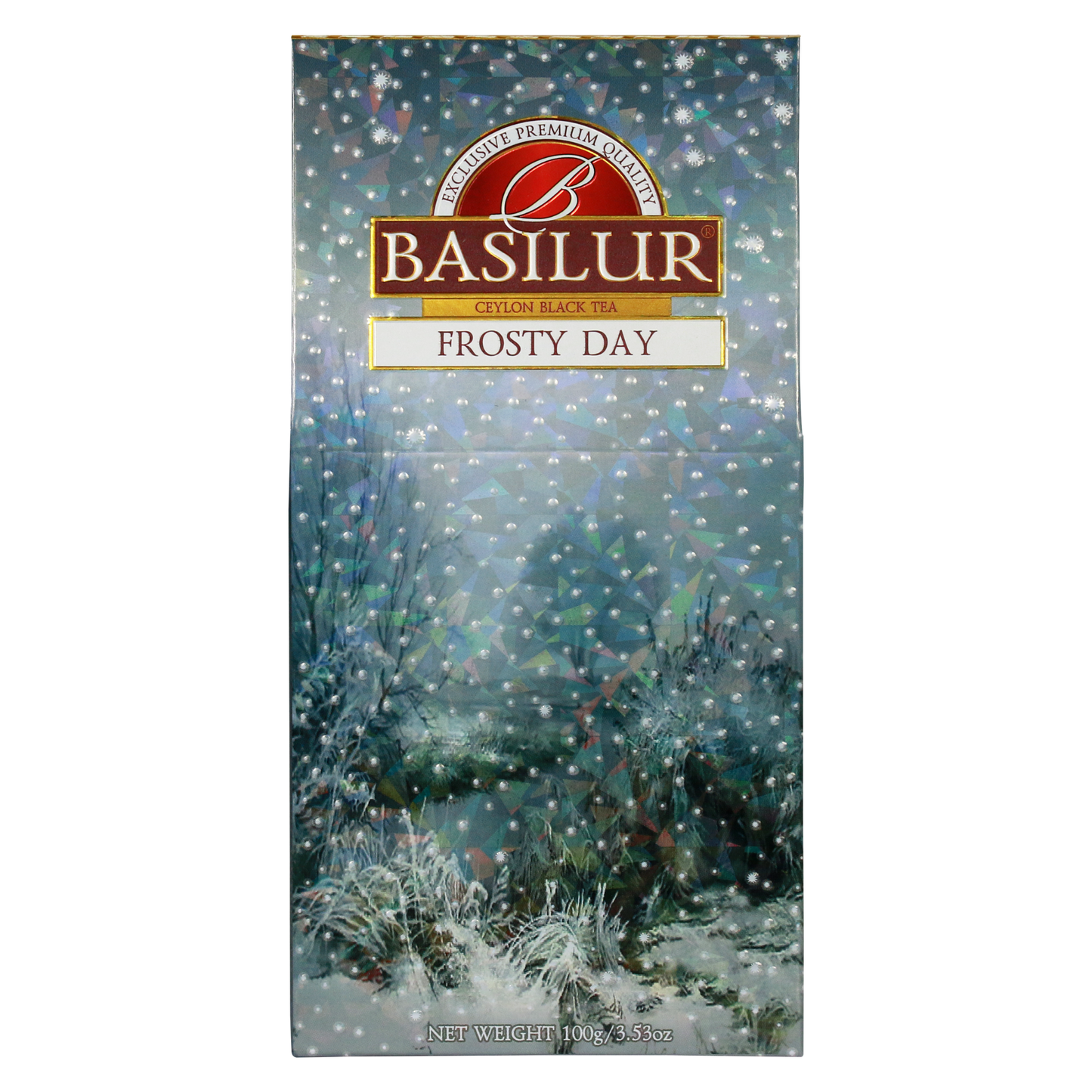 Puszka herbaty Basilur Frosty Day – widok boczny z opisem produktu.