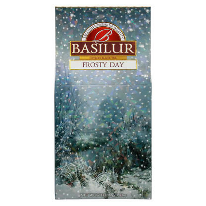 Puszka herbaty Basilur Frosty Day – widok boczny z opisem produktu.