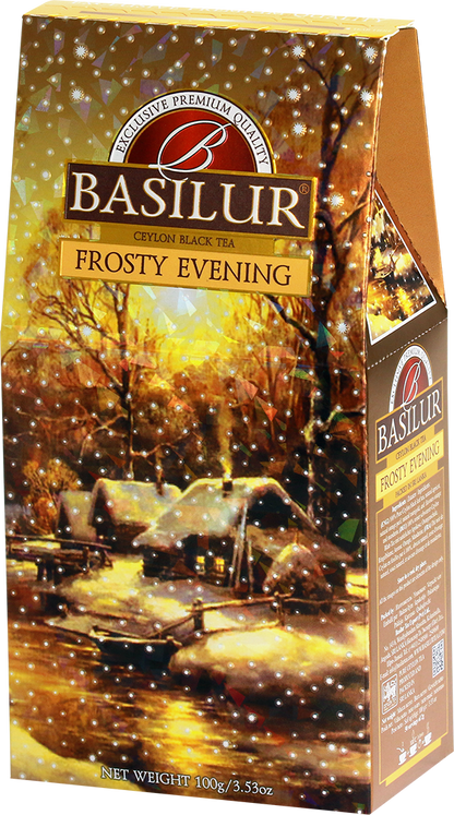 Herbata Basilur Frosty Evening w ozdobnym złocistym opakowaniu 100 g.