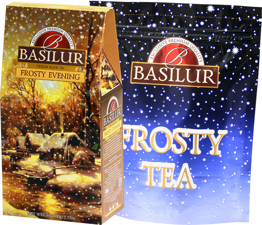 Zestaw herbaty Basilur Frosty Evening z opakowaniem foliowym i kartonowym.