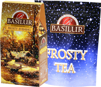 Zestaw herbaty Basilur Frosty Evening z opakowaniem foliowym i kartonowym.