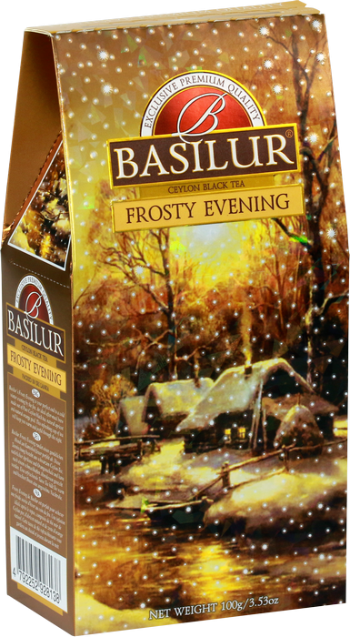 Herbata Basilur Frosty Evening – malowniczy zimowy krajobraz na opakowaniu.