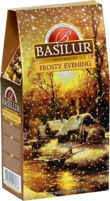 Herbata Basilur Frosty Evening – malowniczy zimowy krajobraz na opakowaniu.