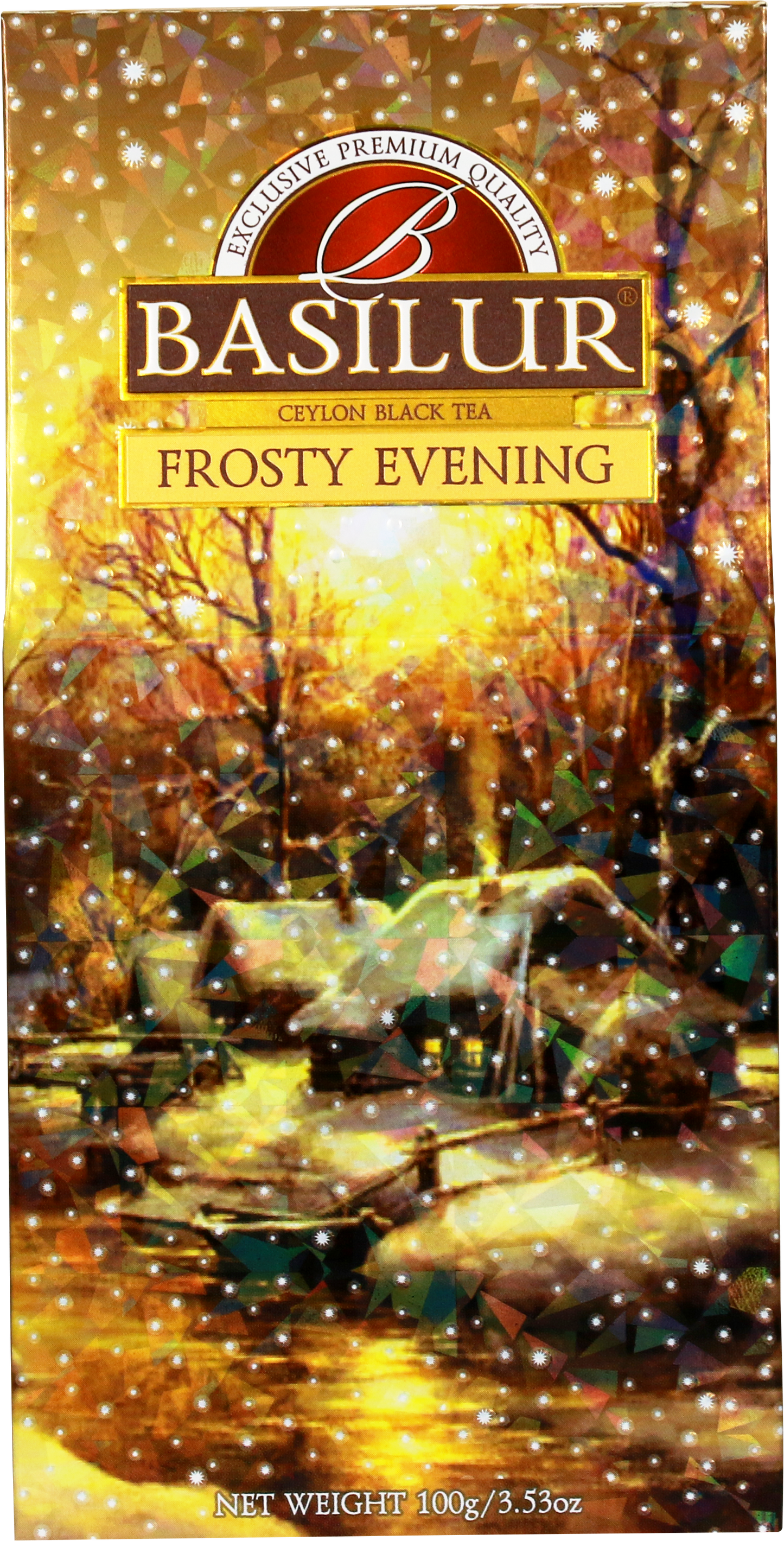 Puszka herbaty Basilur Frosty Evening – widok boczny z opisem produktu.