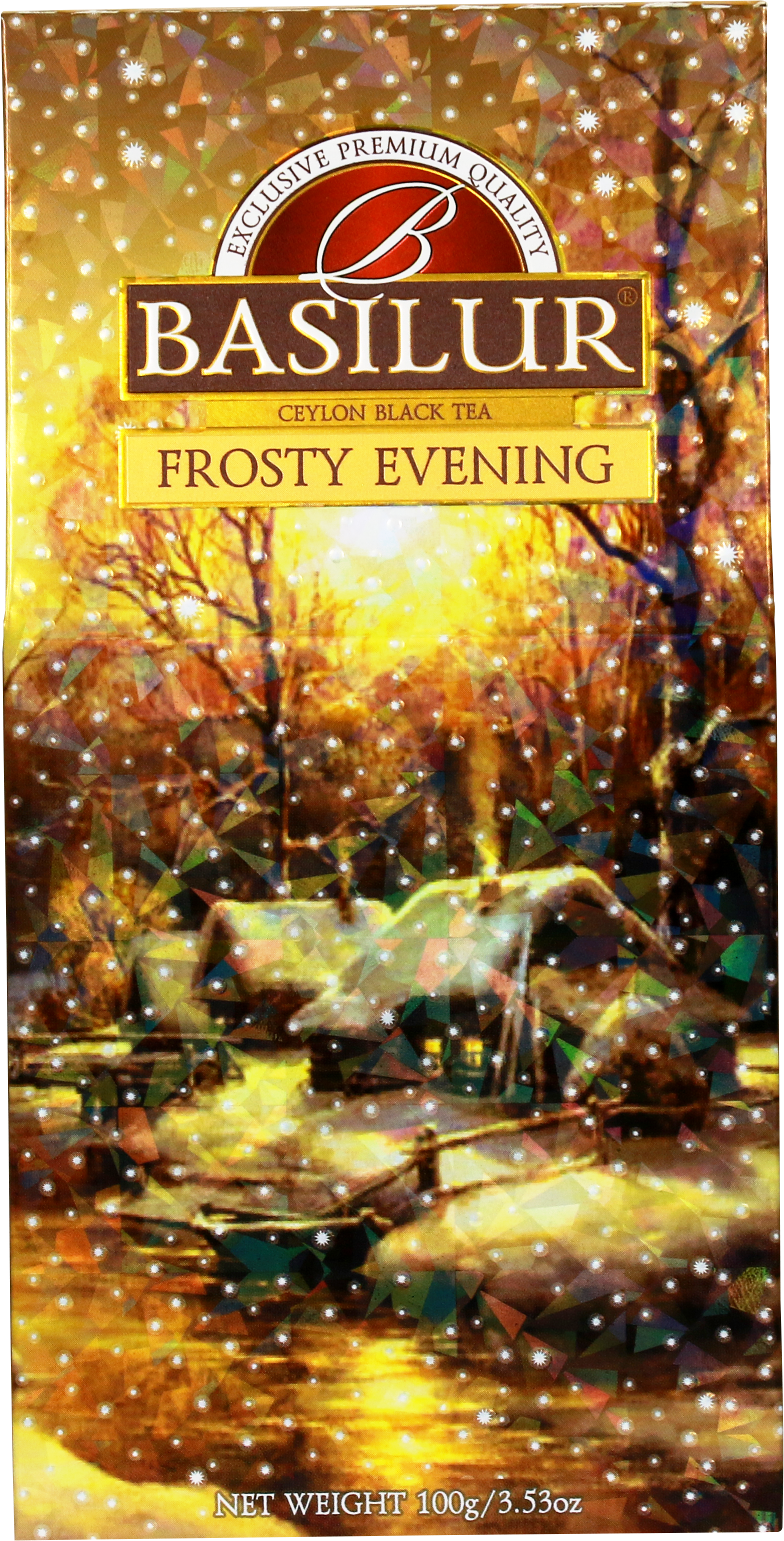 Puszka herbaty Basilur Frosty Evening – widok boczny z opisem produktu.