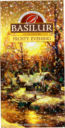 Puszka herbaty Basilur Frosty Evening – widok boczny z opisem produktu.