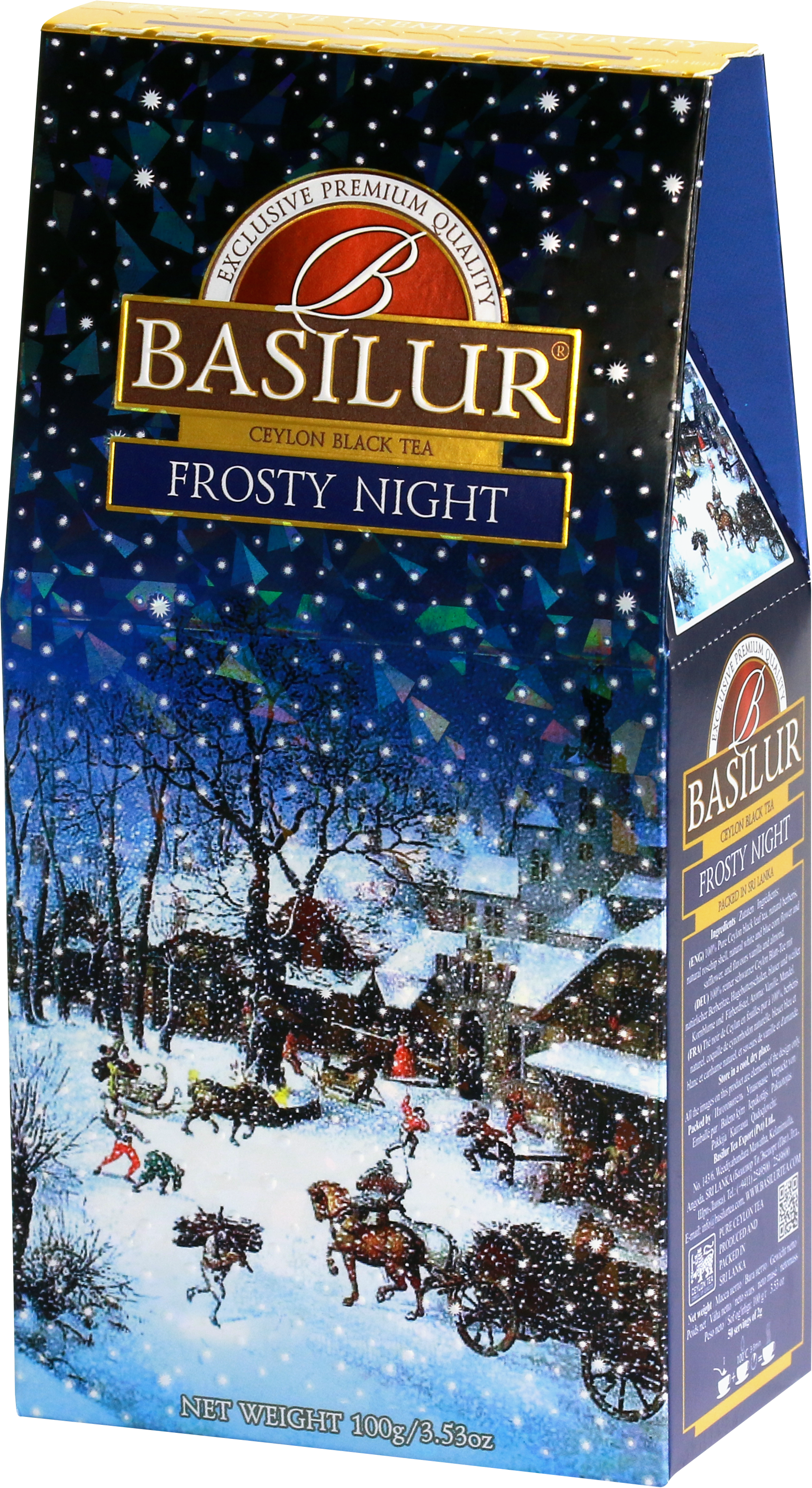 Herbata Basilur Frosty Night w ozdobnym granatowym opakowaniu z zimowym motywem.
