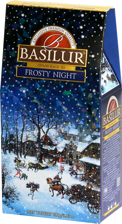 Herbata Basilur Frosty Night w ozdobnym granatowym opakowaniu z zimowym motywem.