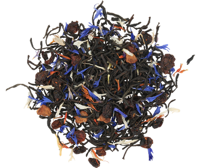 Mieszanka czarnej herbaty cejlońskiej z dziką różą i płatkami bławatka Basilur Frosty Night.