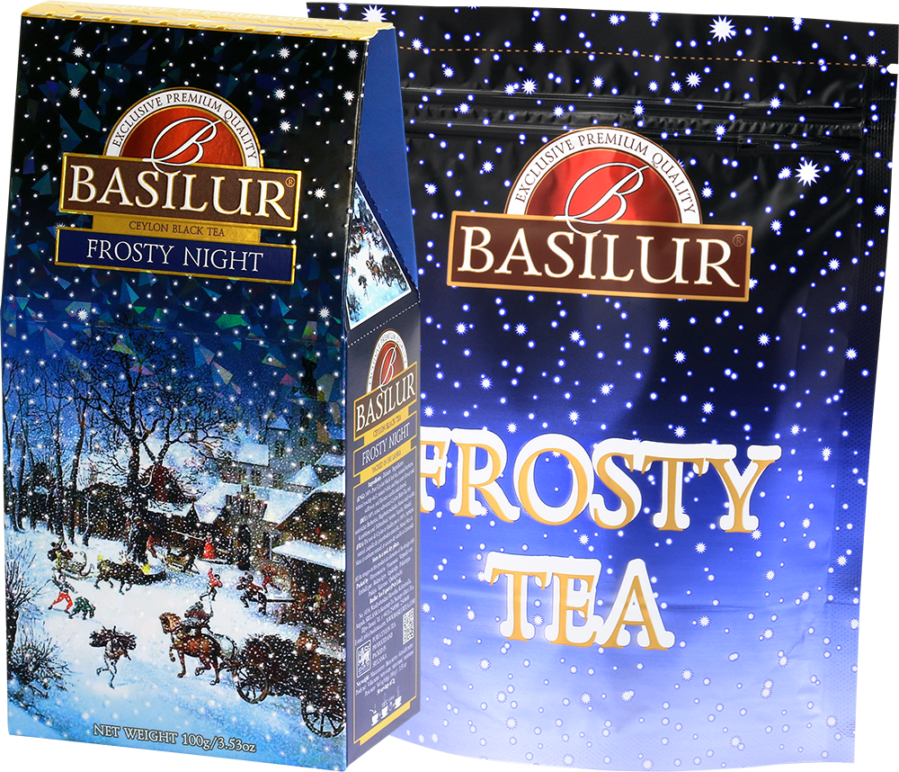 Zestaw herbaty Basilur Frosty Night z opakowaniem foliowym i kartonowym.