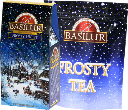 Zestaw herbaty Basilur Frosty Night z opakowaniem foliowym i kartonowym.