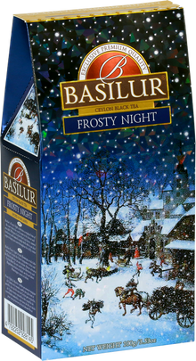 Opakowanie herbaty Basilur Frosty Night – widok boczny z opisem produktu.