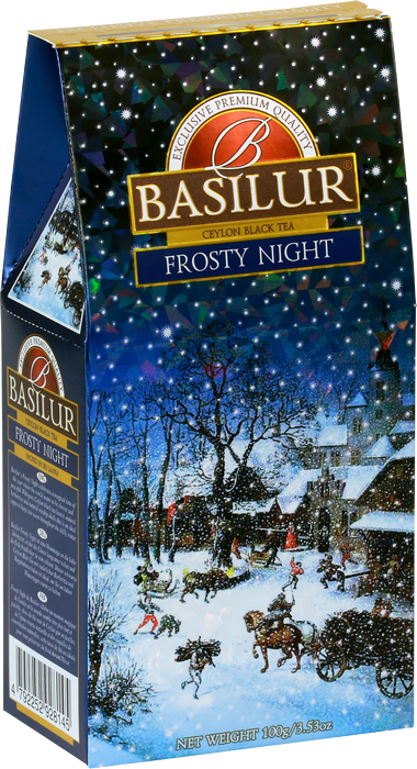 Opakowanie herbaty Basilur Frosty Night – widok boczny z opisem produktu.