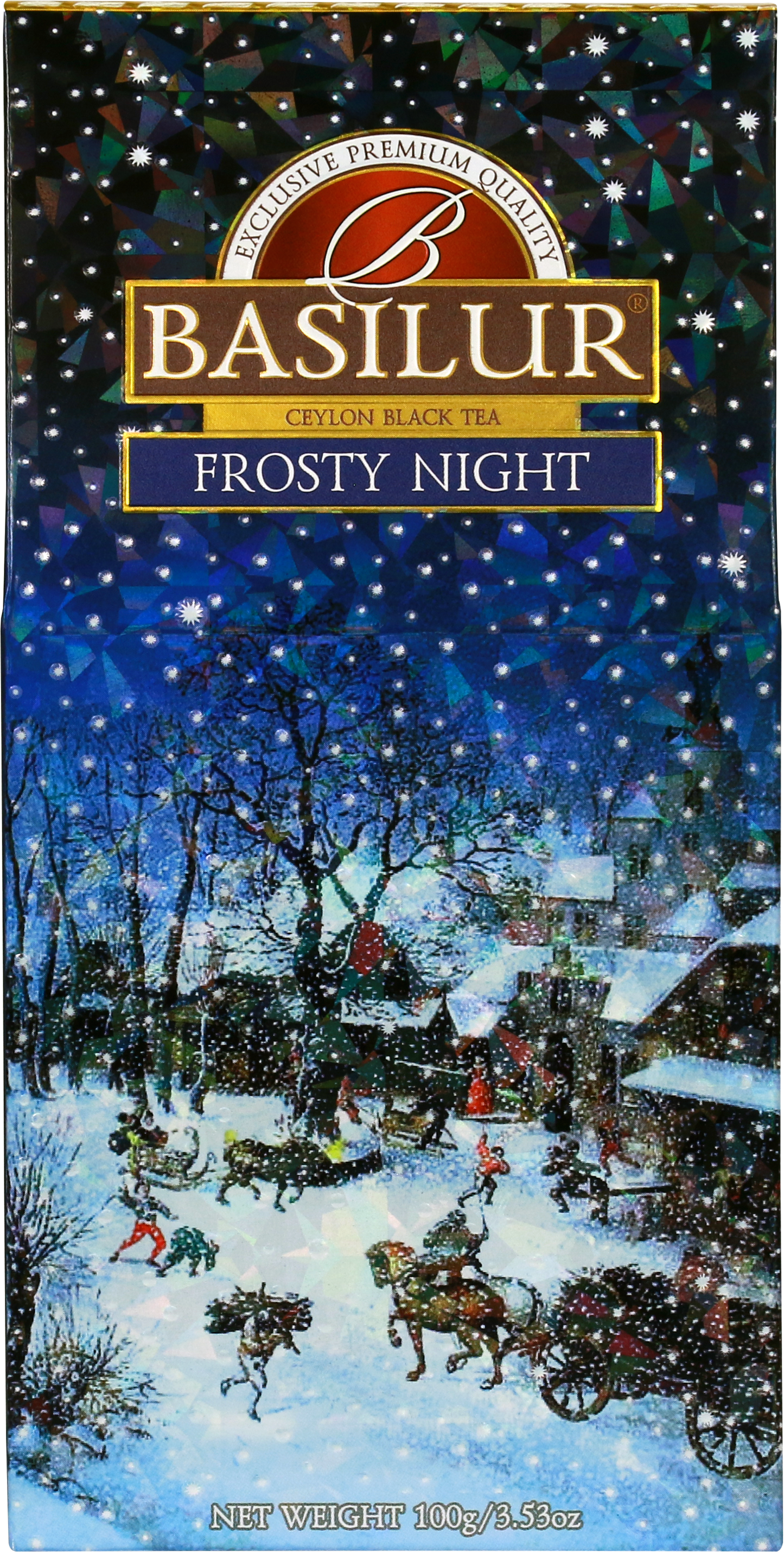 Herbata Basilur Frosty Night – ilustracja zimowego pejzażu na tle nocnego nieba.