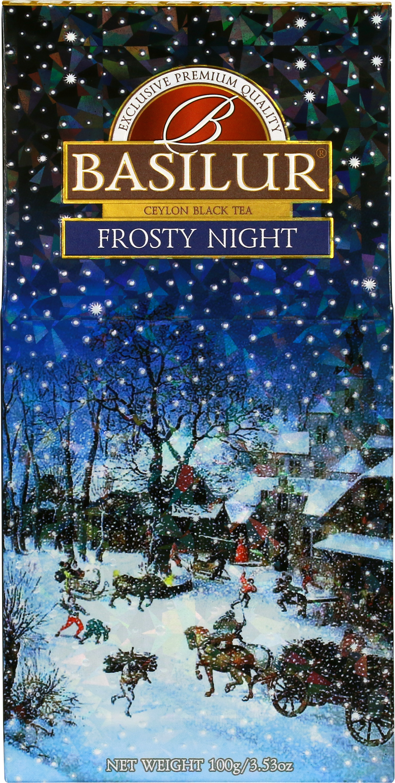 Herbata Basilur Frosty Night – ilustracja zimowego pejzażu na tle nocnego nieba.