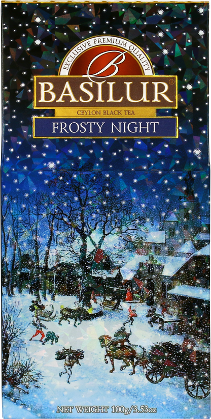 Herbata Basilur Frosty Night – ilustracja zimowego pejzażu na tle nocnego nieba.