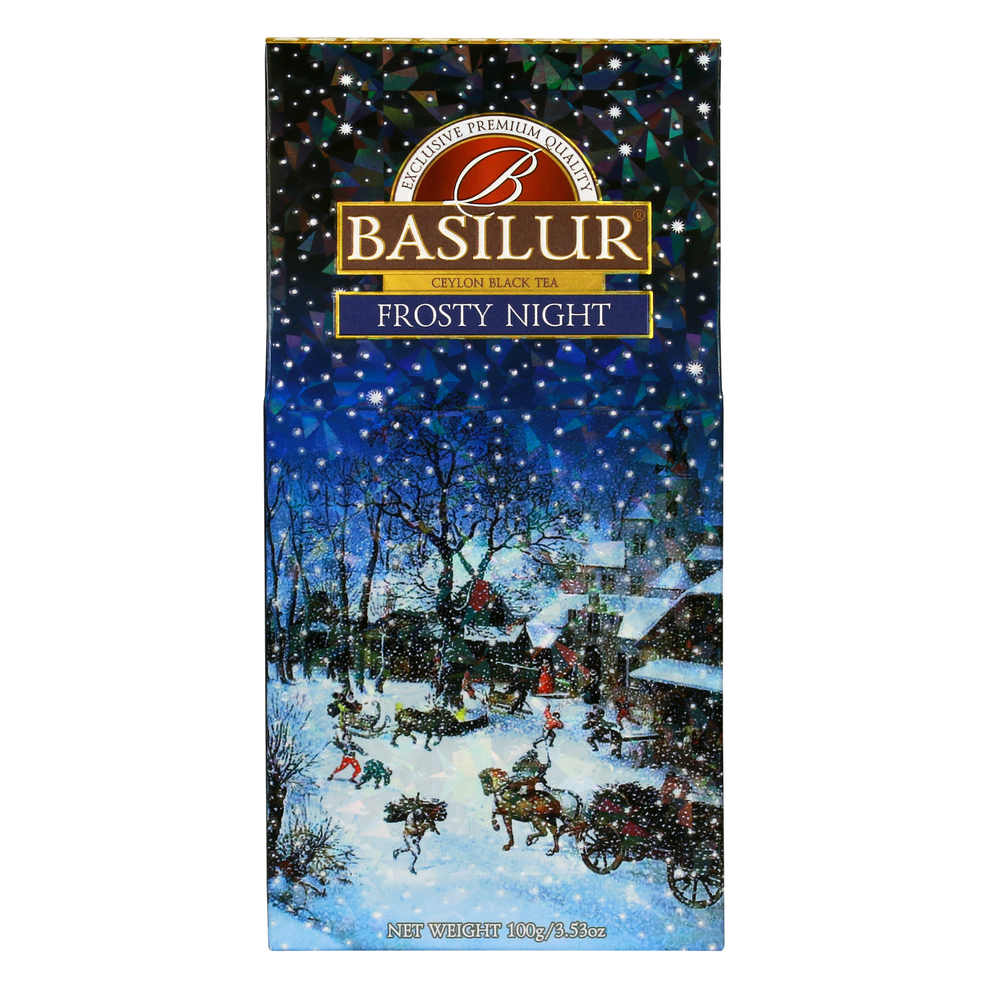 Herbata Basilur Frosty Night – ilustracja zimowego pejzażu na tle nocnego nieba.