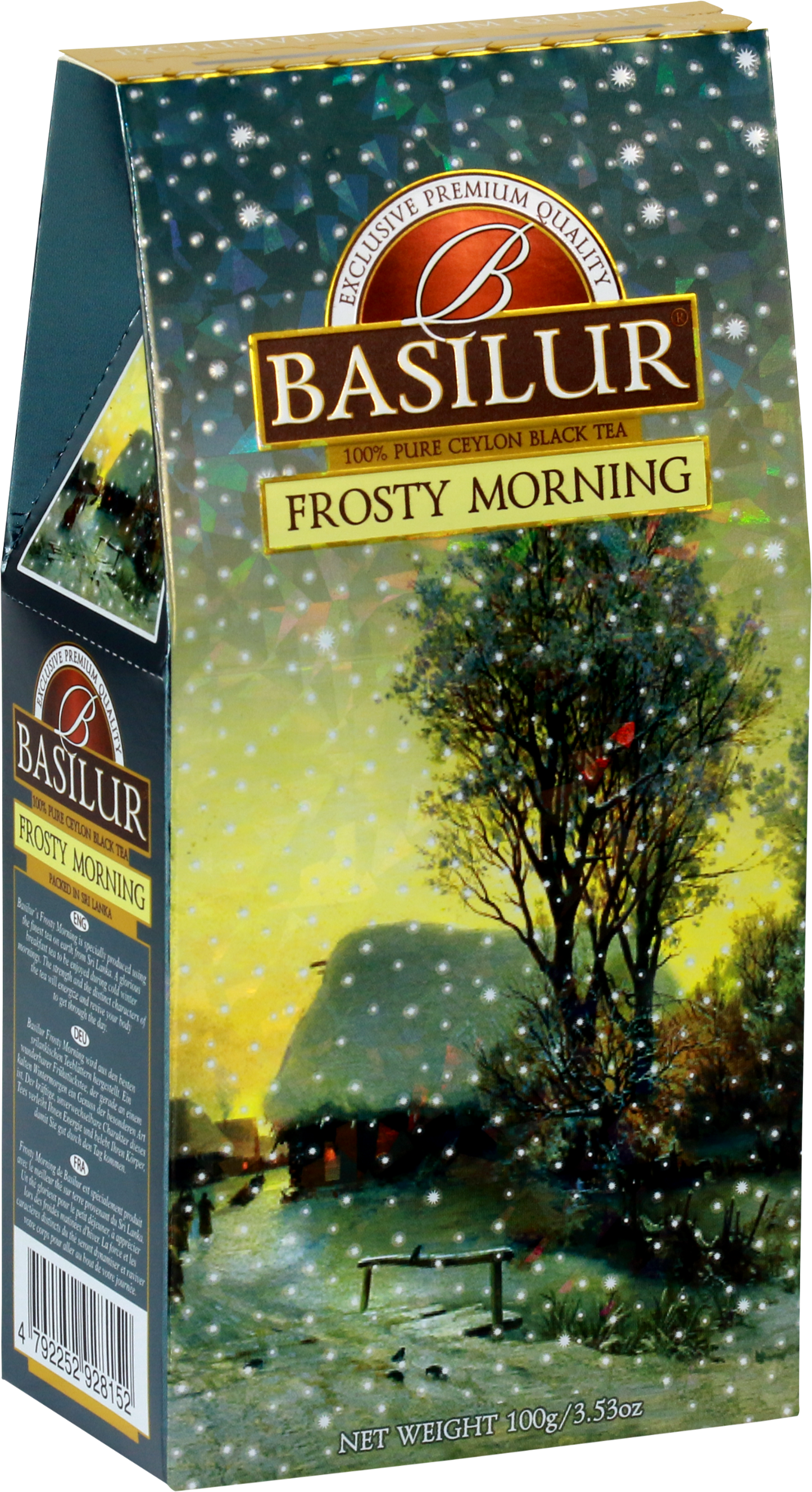 Opakowanie herbaty Basilur Frosty Morning 100 g z zimowym krajobrazem i logo marki.