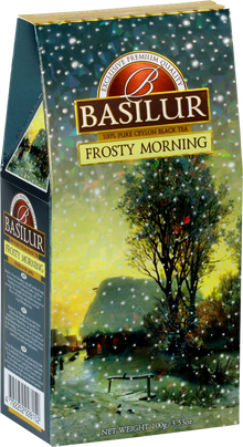 Opakowanie herbaty Basilur Frosty Morning 100 g z zimowym krajobrazem i logo marki.