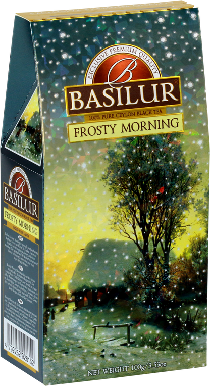 Opakowanie herbaty Basilur Frosty Morning 100 g z zimowym krajobrazem i logo marki.