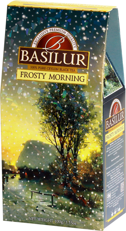 Front opakowania herbaty Basilur Frosty Morning z zimowym motywem i logo Basilur.