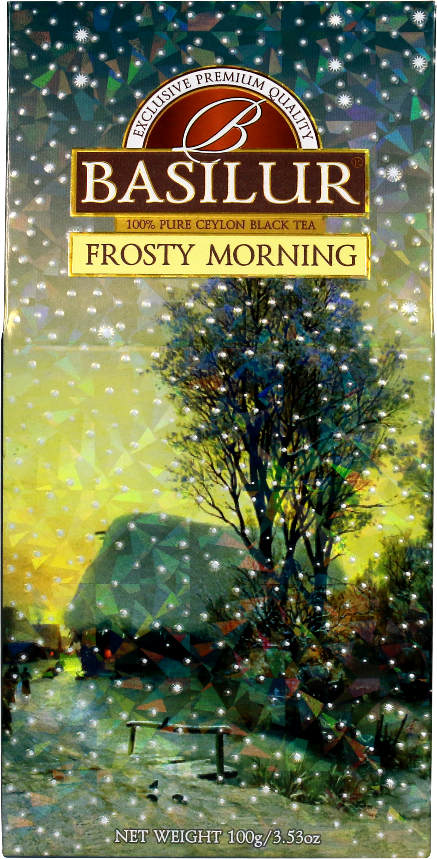 Bok i przód opakowania herbaty Basilur Frosty Morning przedstawiające zimowy pejzaż i logo marki.