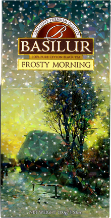 Bok i przód opakowania herbaty Basilur Frosty Morning przedstawiające zimowy pejzaż i logo marki.