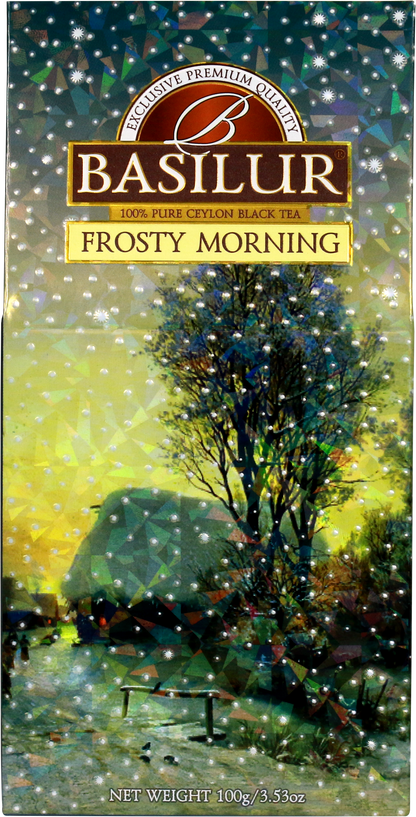 Bok i przód opakowania herbaty Basilur Frosty Morning przedstawiające zimowy pejzaż i logo marki.