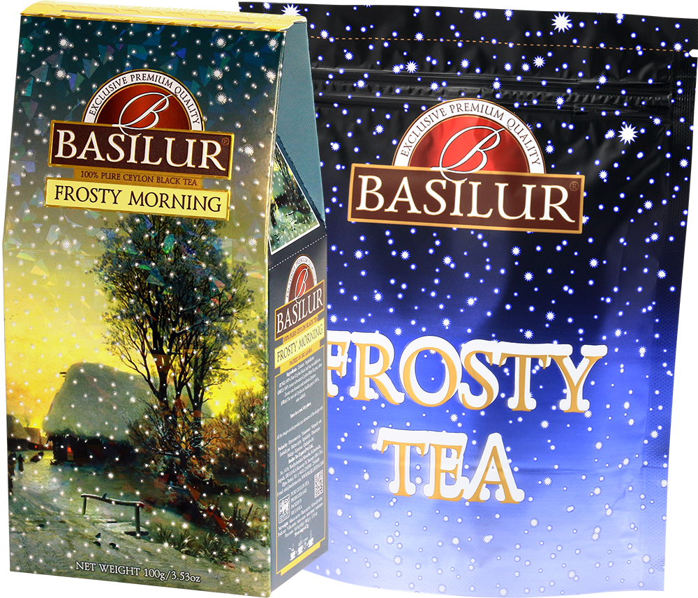 Zestaw herbaty Basilur Frosty Morning – pudełko i foliowe opakowanie z napisem Frosty Tea.