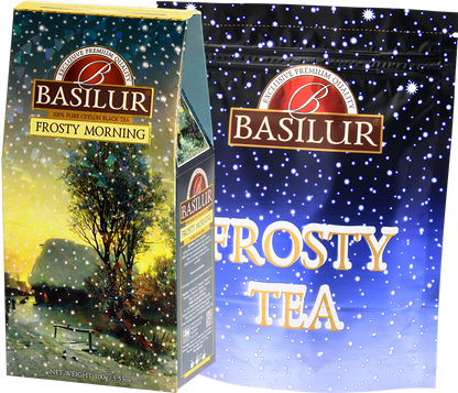 Zestaw herbaty Basilur Frosty Morning – pudełko i foliowe opakowanie z napisem Frosty Tea.