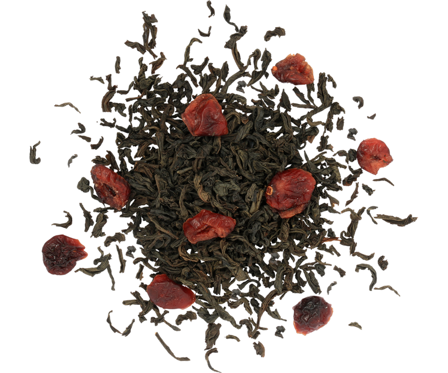 Liście czarnej herbaty Basilur Winter Tea z dodatkiem żurawiny w zbliżeniu.