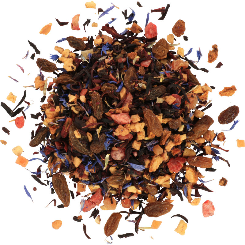 Basilur Caribbean Cocktail refill 100 g herbata lisciasta z rodzynkami i kawalkami owocow oraz platkami chabra widoczny kolorowy susz.