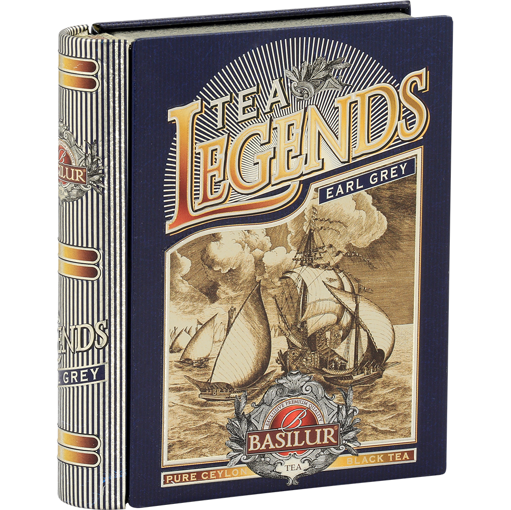 Herbata czarna Basilur Miniature Tea Legends piramidki w granatowym ozdobnym opakowaniu z motywem żaglowców.
