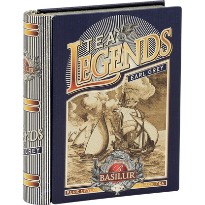 Herbata czarna Basilur Miniature Tea Legends piramidki w granatowym ozdobnym opakowaniu z motywem żaglowców.
