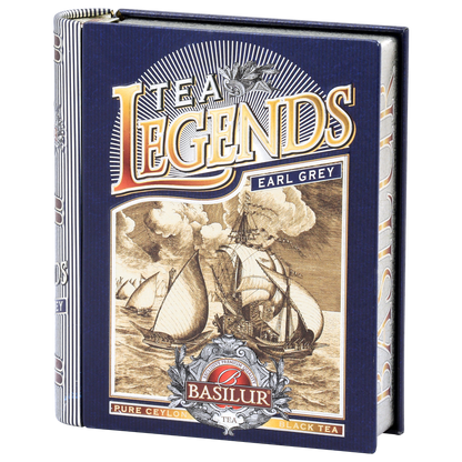 Zbliżenie na opakowanie herbaty czarnej Basilur Tea Legends Earl Grey z dekoracyjną grafiką i logo Basilur.