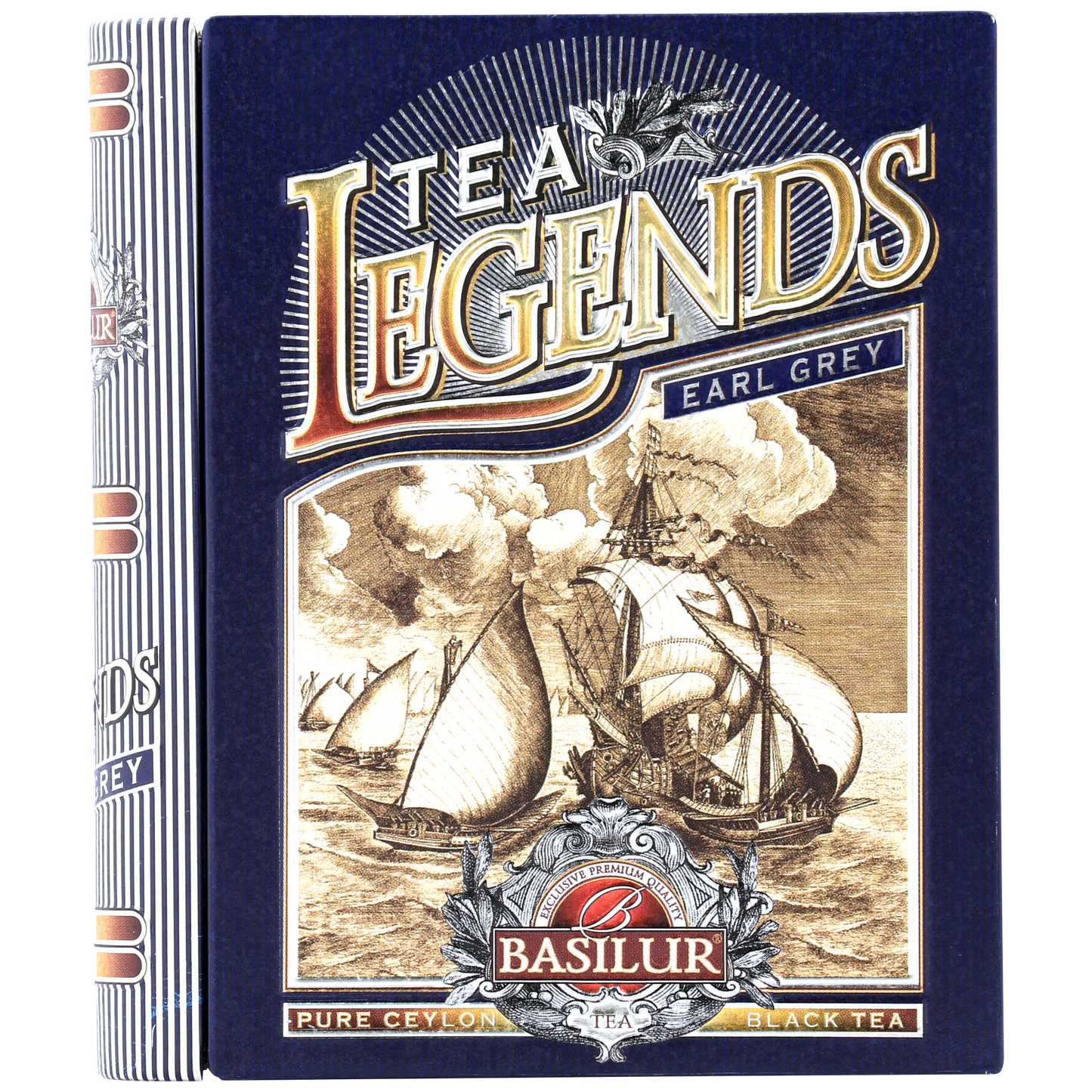 Front opakowania Basilur Miniature Tea Legends z czarną herbatą cejlońską Earl Grey w piramidkach.
