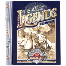 Front opakowania Basilur Miniature Tea Legends z czarną herbatą cejlońską Earl Grey w piramidkach.
