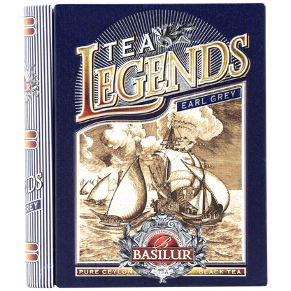 Front opakowania Basilur Miniature Tea Legends z czarną herbatą cejlońską Earl Grey w piramidkach.
