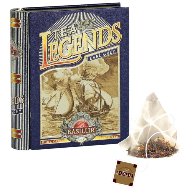 Herbata Basilur Tea Legends Earl Grey w ozdobnym pudełku z widoczną piramidką herbacianą i zawartością mieszanki.