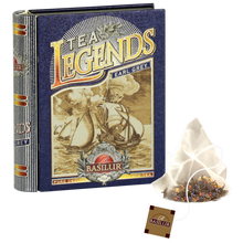 Herbata Basilur Tea Legends Earl Grey w ozdobnym pudełku z widoczną piramidką herbacianą i zawartością mieszanki.