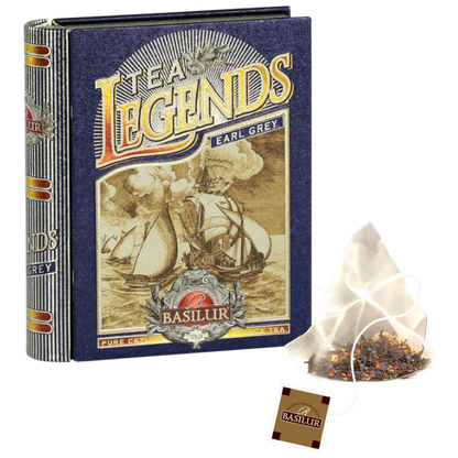 Herbata Basilur Tea Legends Earl Grey w ozdobnym pudełku z widoczną piramidką herbacianą i zawartością mieszanki.