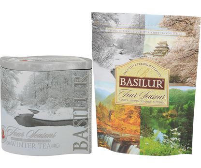 Herbata Basilur Winter Tea w ozdobnej puszce z zimowym krajobrazem, kolekcja Four Seasons.