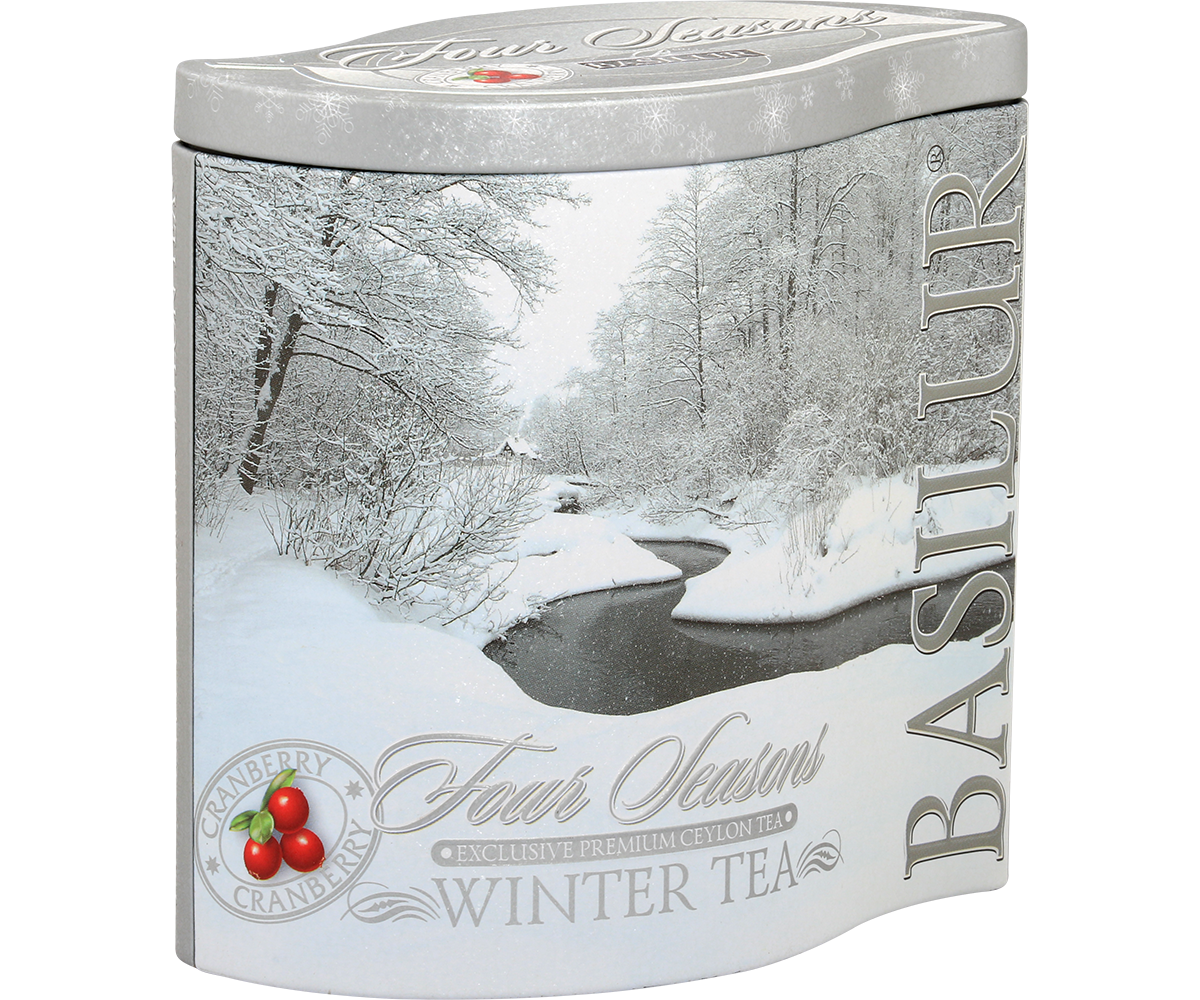 Bok metalowej puszki Basilur Winter Tea, eleganckie srebrne zdobienia zimowej serii.