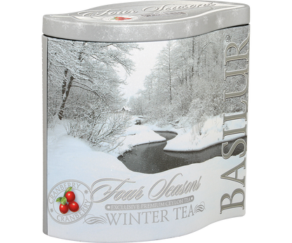 Bok metalowej puszki Basilur Winter Tea, eleganckie srebrne zdobienia zimowej serii.