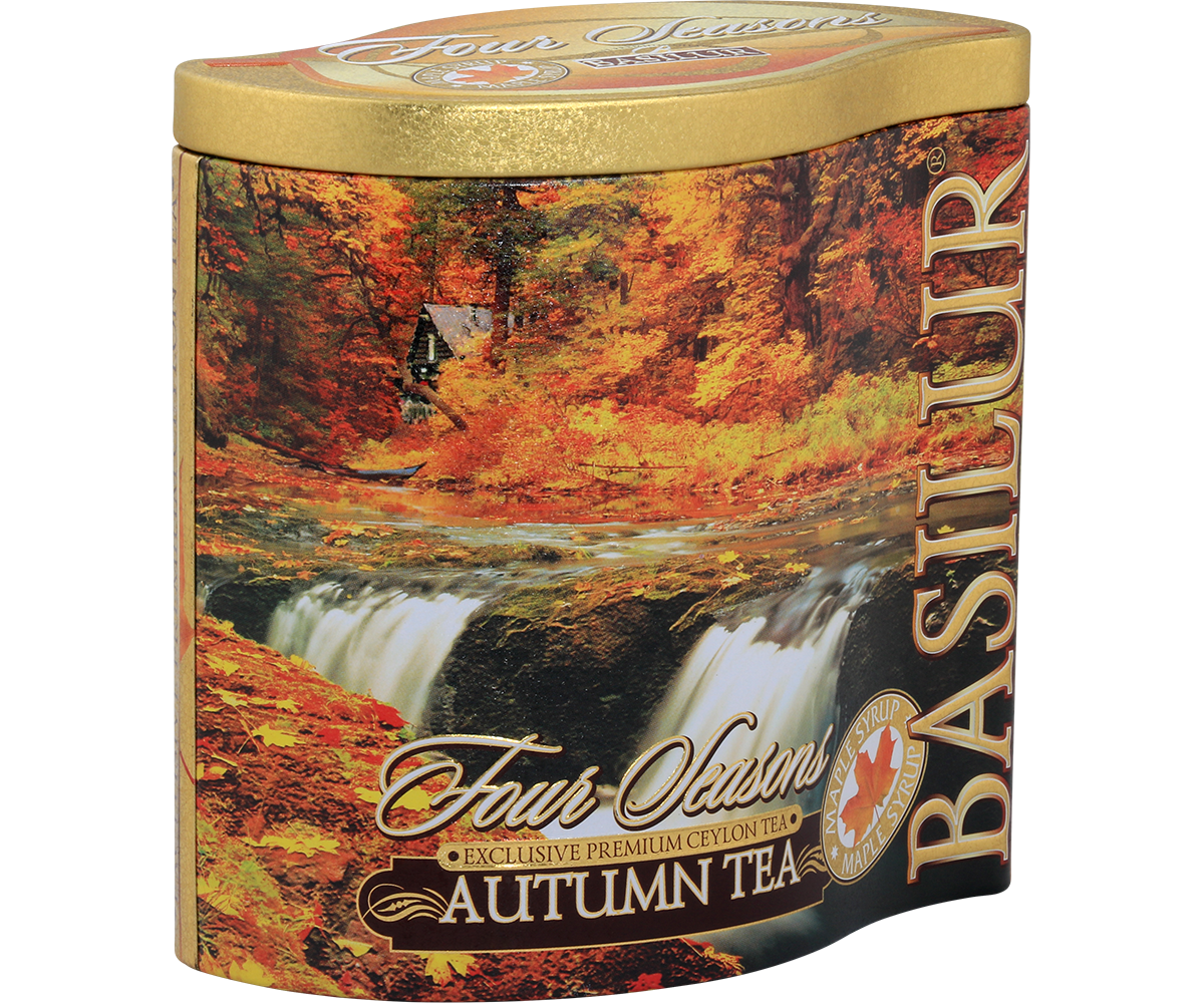Bok puszki Basilur Autumn Tea z jesiennym pejzażem i logo marki