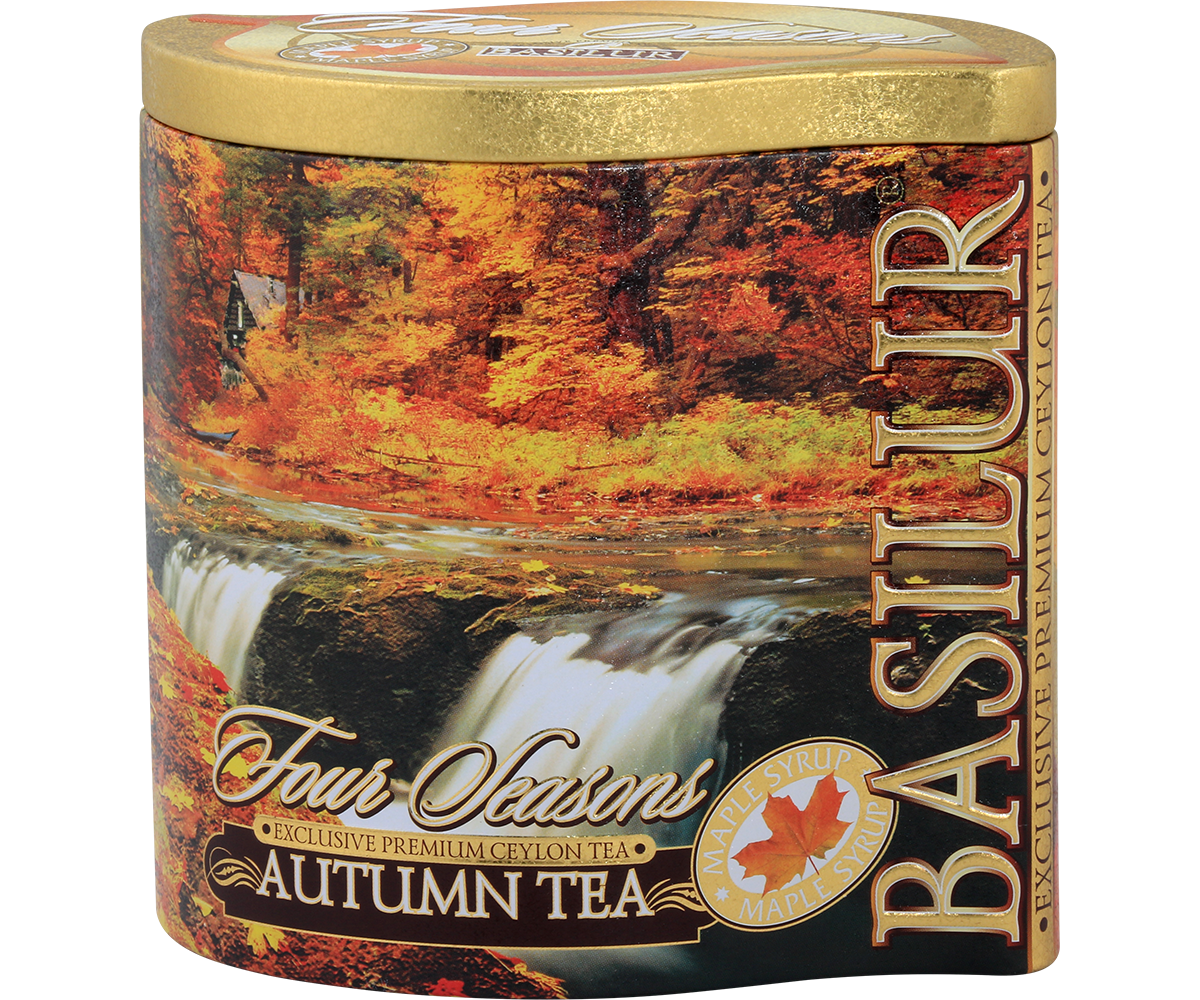Złote wieczko puszki Basilur Autumn Tea z eleganckim nadrukiem