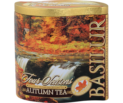 Złote wieczko puszki Basilur Autumn Tea z eleganckim nadrukiem