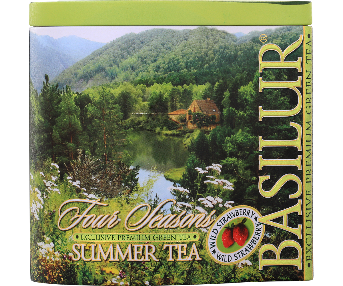 Front puszki Basilur Summer Tea z widokiem górskiego jeziora i logo Basilur
