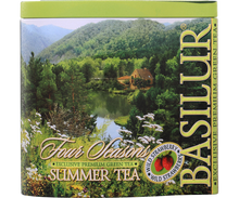 Front puszki Basilur Summer Tea z widokiem górskiego jeziora i logo Basilur