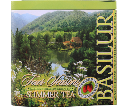 Front puszki Basilur Summer Tea z widokiem górskiego jeziora i logo Basilur
